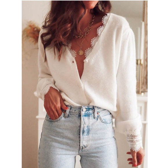 White Knit Button Up Cardigan Crochet Lace Trim Detailed V-Neck - Picture 3 of 6